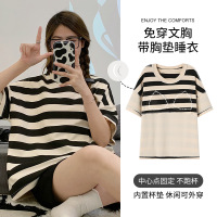 睡衣女夏季圆领少女短袖短裤卡通棉质带胸垫一体套装家居服可外穿