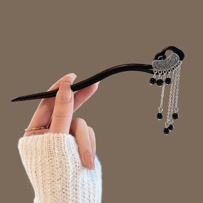 黑檀木发簪女银锁流苏小众设计步摇簪子古风头饰挽发叉子汉服配饰送女朋友老婆情人节七夕生日礼物