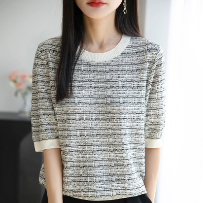 夏季女装新款女士针织衫莱塞尔天丝圆领薄款拼色短袖女T恤女