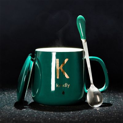 创意个性陶瓷杯马克杯带盖勺男女家用水杯早餐杯情侣杯简约咖啡杯