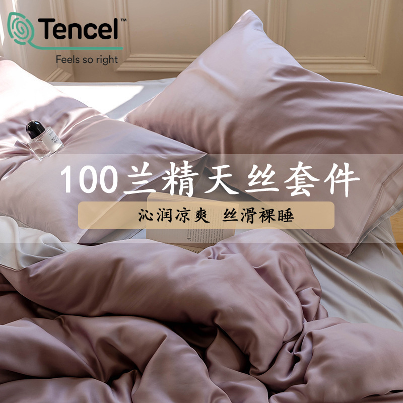 适合~100兰精天丝四件套简约纯色丝滑凉感床单被套高级床品
