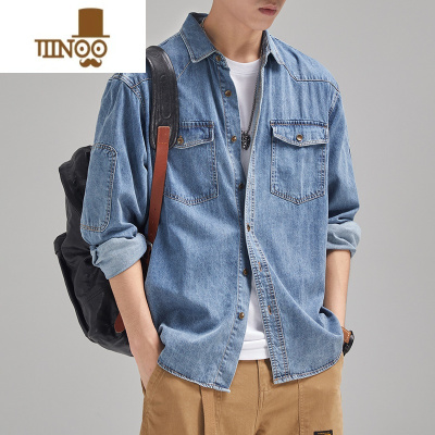 YANXU牛仔衬衫男长袖宽松日系2023新款款衬衣外套男士休闲潮牌夏季