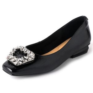 复古浅口单鞋女25春秋新款时尚方扣水钻粗跟舒适平跟鞋通勤工作鞋