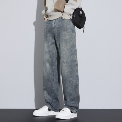 直筒牛仔裤男春秋款水洗复古宽松阔腿垂顺夏季男士大码休闲长裤子