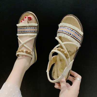 娜瑟薇民族风波西米亚凉鞋女夏仙女风平底学生2021新款网红女鞋罗马绑带