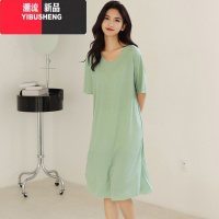 YIBUSHENG冰丝连衣裙女季V领内搭打底裙过膝a字裙宽松短袖家居睡裙中长款