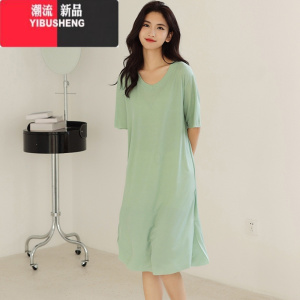 YIBUSHENG冰丝连衣裙女季V领内搭打底裙过膝a字裙宽松短袖家居睡裙中长款