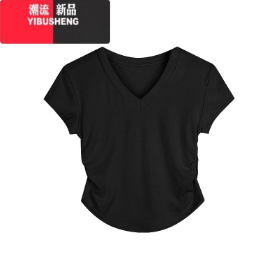 YIBUSHENG小个子黑色正肩修身显瘦V领短袖T恤女季设计感小众短款打底上衣