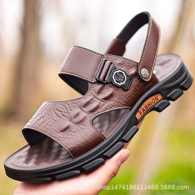 沙滩鞋男夏季新款休闲凉拖鞋男头层牛皮鳄鱼纹外穿时尚凉鞋男3215_1