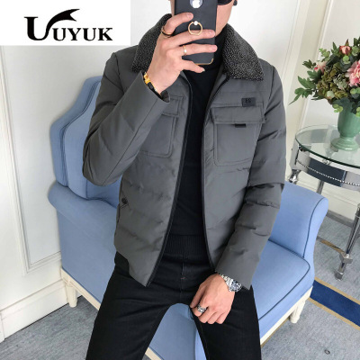 UYUK冬季帅气棉衣男韩版修身短款棉袄青年时尚潮流翻领保暖毛领外套男