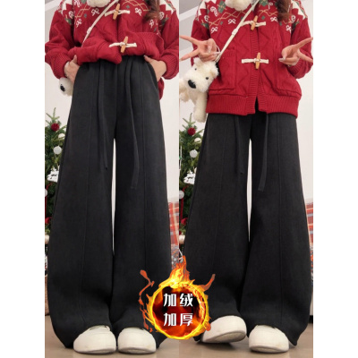 加绒裤女秋冬加厚新款窄版直筒休闲小个子灯芯绒阔腿裤子_574_493