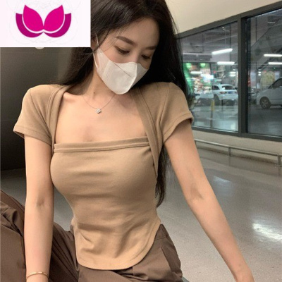 七斓大码纯欲短袖T恤女2023新款春季胖MM不规则辣妹修身短款方领上衣