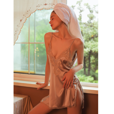 恋名媛巴黎时光性感睡衣女冰侧开叉诱惑蕾丝家居服深V露背吊带睡裙睡衣