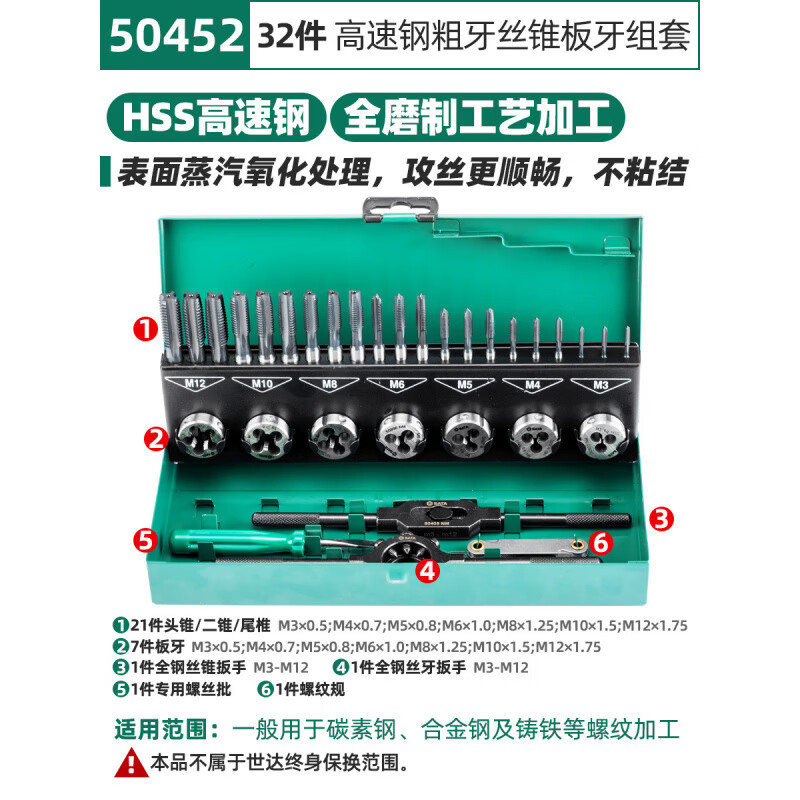 山头林村螺丝攻扳手套装全钢棘轮t型螺丝攻夹头手动螺丝攻板牙套丝器 50452 32件粗牙 螺丝攻板牙组套
