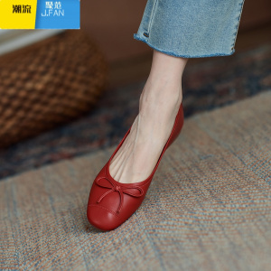 聚范蝴蝶结皮小红鞋新款百搭方头软底红色平底女鞋浅口低跟单鞋