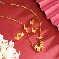 镂空蝴蝶轻奢夏季沙金项链戒指耳钉套装女高级感小众镀金婚庆饰品送女朋友老婆情人节七夕生日礼物