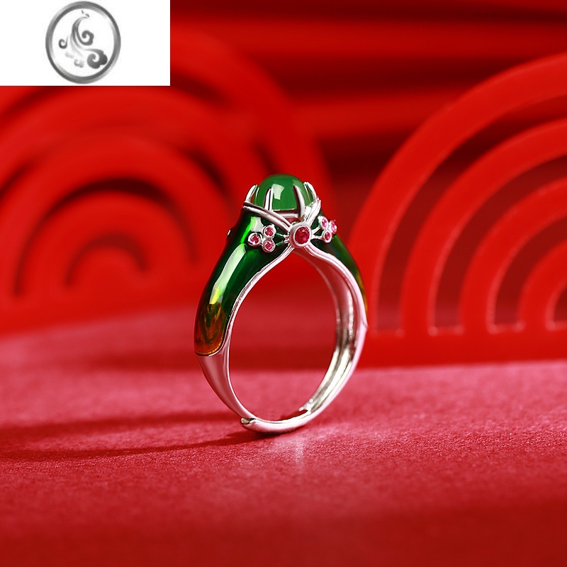 JiMi戒指女复古小众设计银银珐琅和田玉开口故生日礼物送女友