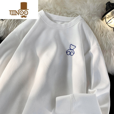 YANXU华夫格圆领卫衣男款小熊长袖T恤潮牌ins男生秋装上衣服