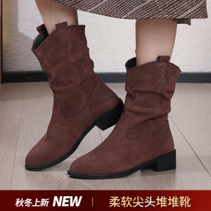 磨砂皮短靴女秋冬新款法式复古风尖头时尚休闲简约百搭雪地靴