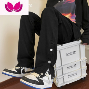 七斓黑色排扣牛仔裤男美式街头直筒休闲裤高街ins长裤子