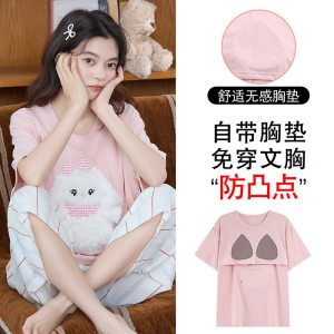圆领睡衣女士夏季棉质短袖七分裤卡通可外穿家居服甜美套装