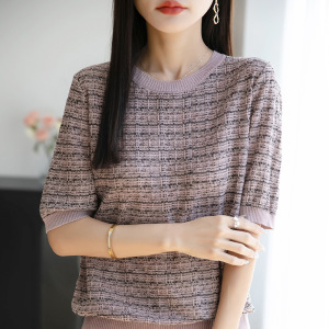 夏季女装新款女士针织衫莱塞尔天丝圆领薄款拼色短袖女T恤女