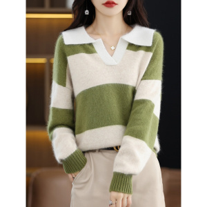 秋冬新款貂绒毛衣女POLO领套头拼色针织衫加厚保暖毛衣