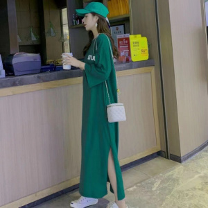 韩国大码T恤女装胖mm懒人长款短袖宽松过膝大码连衣裙夏季长裙子