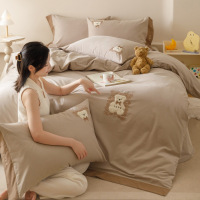 磨毛刺绣四件套小熊简约秋冬款加绒被套纯棉加厚保暖床上用品