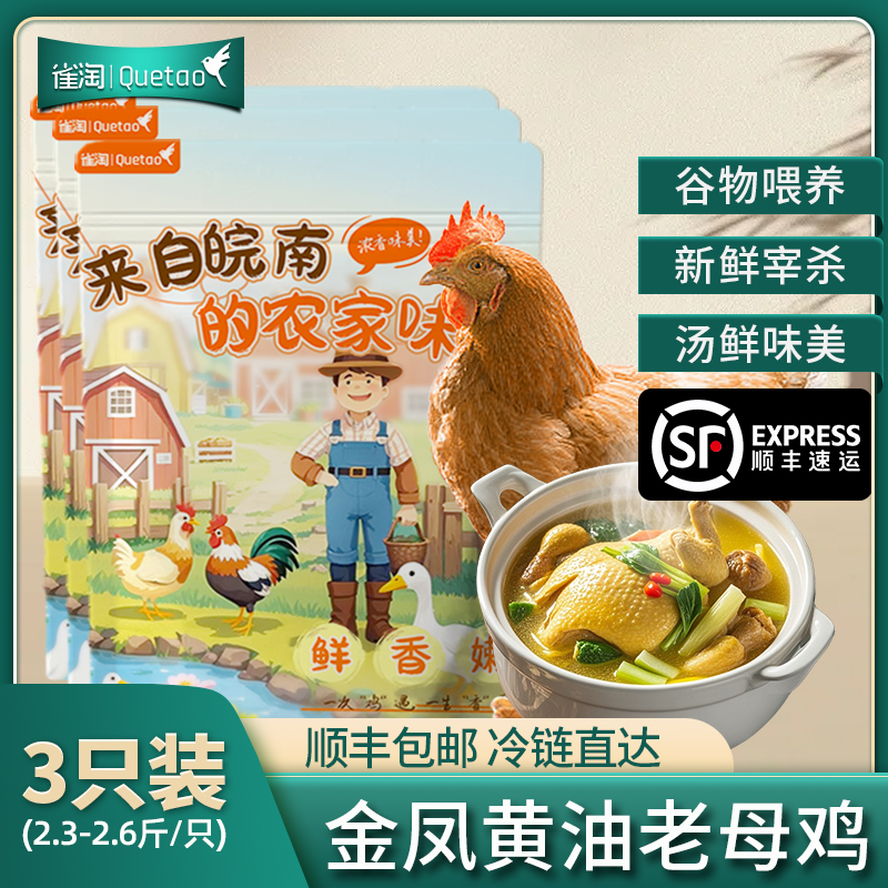 [苏鲜生推荐]雀淘 皖南金凤黄油老母鸡2.3-2.6斤/只 3只装 新鲜现杀冷冻农家慢养走地鸡