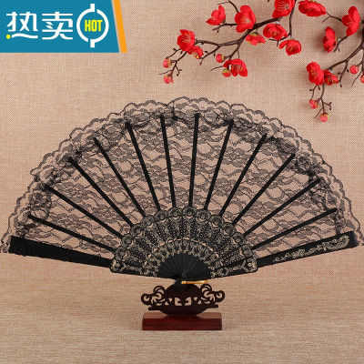 XIANCAI道具洛丽塔复古风蕾丝旗袍扇子折扇蕾丝扇走秀汉服黑色团扇小扇子 黑色蕾丝扇