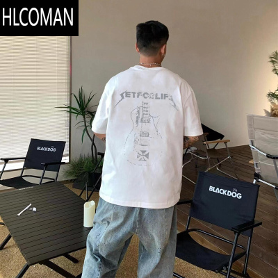 HLCOMAN美式高街潮牌短袖t恤男夏季设计感吉他印花黑色半袖上衣