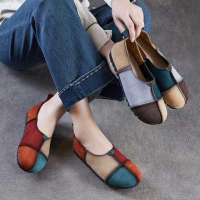 真皮复古民族风头层牛皮撞色单鞋女2026春季拼接乞丐鞋软底妈妈鞋