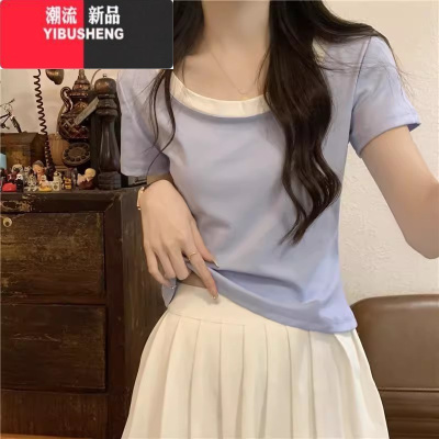 YIBUSHENG正肩t恤女短袖季修身短款小个子设计感小众别致绝美撞色小上衣