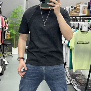 短袖T恤男潮牌夏季宽松新款扎染潮流ins简约个性斜肩拼接上衣体恤