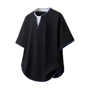 男装夏季夏季假两件短袖T恤老钱风宽松休闲潮流时尚半袖T恤打底衫