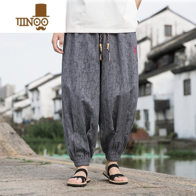 YANXU中国风亚麻提花裤子男士夏季薄款棉麻束脚运动裤大码胖子灯笼长裤