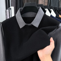 针织男士假两件秋季新款时尚拼接翻领撞色毛衣男针织衫