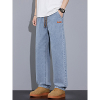 工厂直销男士抽绳牛仔裤高品质 浅蓝宽松流行直筒裤 支持