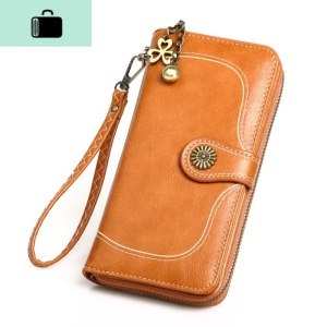 油蜡皮长款钱包新款复古女式三折拉链手机包油皮大钞夹卡包套NEW LAKE