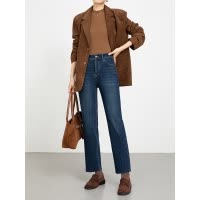 冬新款植绒四面弹牛仔直筒毛边裤女高腰加厚九分裤