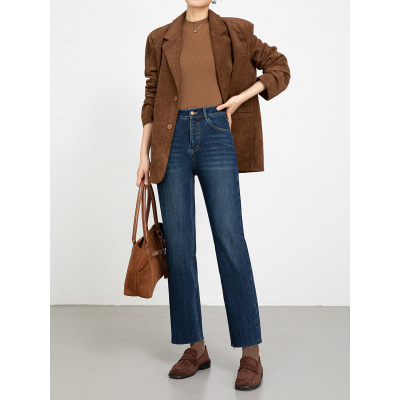 冬新款植绒四面弹牛仔直筒毛边裤女高腰加厚九分裤