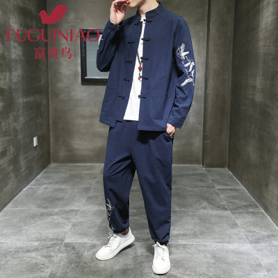 富贵鸟中国风唐装男古装春季套装复古风盘扣仙鹤刺绣棉麻中山装两件套潮