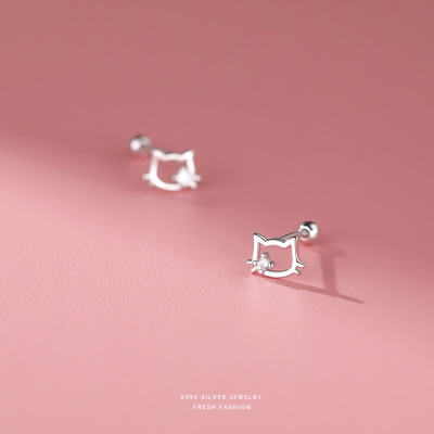 S999足银可爱猫咪耳骨钉女拧螺丝养耳洞纯银耳钉简约甜美学生礼物送女朋友老婆情人节七夕生日礼物