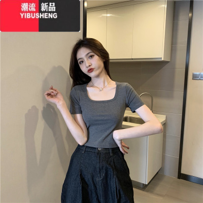 YIBUSHENG紧身方领短袖T恤女季ins潮网红心机短款bm风上衣甜酷设计感小众