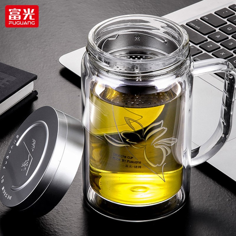 富光玻璃杯带把手男女士办公水杯大容量家用过滤茶水分离泡茶杯子