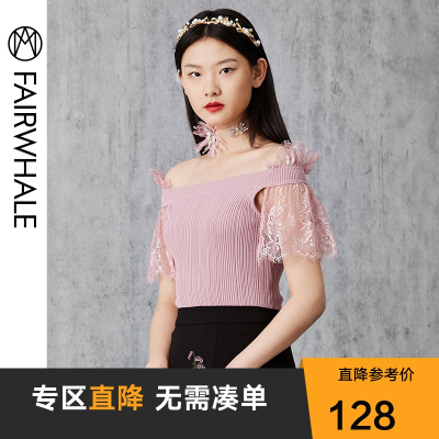 马克华菲女装夏新蕾丝拼接一字肩无袖修身针织上衣