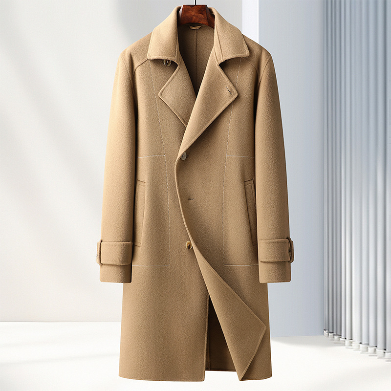 过漆长款腰带束身双排扣羊毛大衣男青年加厚秋冬新款潮流羊毛风衣