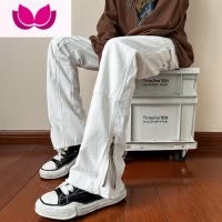七斓黑色牛仔裤男微喇美式潮牌高街vibe设计感拉链宽松直筒春季休闲裤