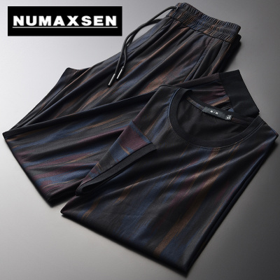 纽曼森（Numaxsen）运动套装男时尚数码印花短袖圆领夏季新款中年轻薄透气T恤两件套